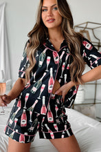 Load image into Gallery viewer, Black Champagne Print Silky Short Sleeve Pajamas Set
