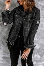 Load image into Gallery viewer, Black Lapel Distressed Raw Hem Buttons Denim Jacket

