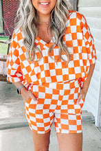 Load image into Gallery viewer, Orange Checkerboard Print V Neck Loose Tee and Shorts Lounge Set
