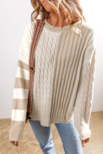Load image into Gallery viewer, Khaki Cable Knit Colorblock Crew Neck Drop Shoulder Sweater
