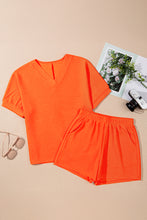 Load image into Gallery viewer, Orange Textured V Neck T Shirt and Shorts Set
