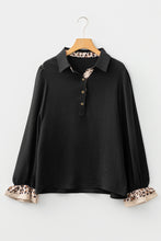 Load image into Gallery viewer, Black Contrast Leopard Print Patchwork Polo Collar Buttons Front Ruffled Long Sleeve Blouse
