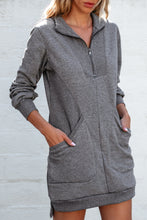 Load image into Gallery viewer, Dark Grey Zip up Collared Ribbed Patchwork Sweatshirt Dress with Pockets
