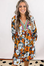 Load image into Gallery viewer, Orange Floral Print Striped Lace V Neck Long Sleeve Mini Dress
