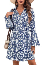 Load image into Gallery viewer, Blue Floral Print V Neck Wrapped Knot Long Sleeve Dress
