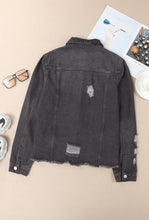 Load image into Gallery viewer, Black Lapel Distressed Raw Hem Buttons Denim Jacket

