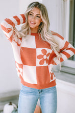 Load image into Gallery viewer, Brown Checkered Floral Print Striped Sleeve Sweater
