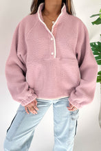 Load image into Gallery viewer, Fushia Stand Neck Half Button Zip Pocket Plush Sweatshirt
