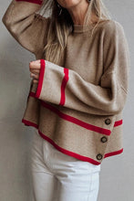Load image into Gallery viewer, Simply Taupe Ribbed Knit Contrasted Stripe Detail Button Side Loose Sweater
