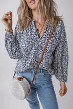 Load image into Gallery viewer, Blue Floral Print Notched V Neck Puff Sleeve Blouse
