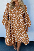Load image into Gallery viewer, Khaki Plus Size Daisy Floral Print Button Split Neck Puff Sleeve Dress
