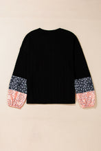 Load image into Gallery viewer, Black Floral Patchwork Textured Knit Drawstring V Neck Blouse
