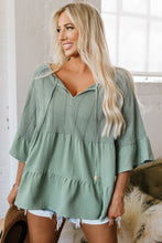 Load image into Gallery viewer, Laurel Green Tie Split Neck Textured Ruffle Patchwork Blouse
