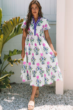 Load image into Gallery viewer, White Floral Puff Short Sleeve V Neck High Waist Maxi Dress

