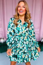 Load image into Gallery viewer, Green Floral Tiered Long Puff Sleeve Shirt Dress
