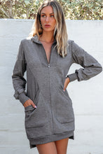 Load image into Gallery viewer, Dark Grey Zip up Collared Ribbed Patchwork Sweatshirt Dress with Pockets
