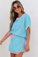 Load image into Gallery viewer, Turquoise Colorblock Edge Drop Shoulder T Shirt and Skort 2Pcs Set
