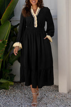 Load image into Gallery viewer, Black Contrast Leopard Frilled Trim V Neck Bracelet Sleeve Midi Dress
