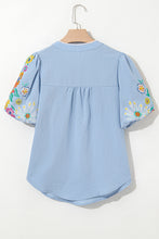 Load image into Gallery viewer, Beau Blue Floral Embroidered Puff Sleeve Split Neck Blouse
