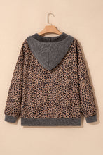 Load image into Gallery viewer, Khaki Ribbed Leopard Print Contrast Collar Zip Hooded Pullover Sweatshirt
