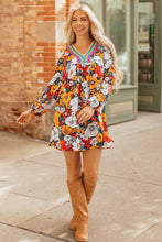 Load image into Gallery viewer, Orange Floral Print Striped Lace V Neck Long Sleeve Mini Dress
