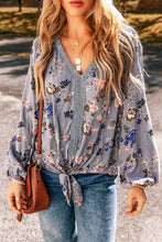 Load image into Gallery viewer, Sky Blue Floral Print Lace Patchwork Knot Front V Neck Blouse
