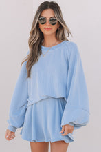Load image into Gallery viewer, Sky Blue Corded Lantern Sleeve Top High Waist Ruffled Mini Skirt Set
