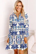 Load image into Gallery viewer, Blue Ethnic Print Striped Split Neck Long Sleeve Flowy Mini Dress
