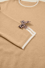 Load image into Gallery viewer, Tan Plus Size Leopard Bow Decor Split Cuffs Loose Sweater
