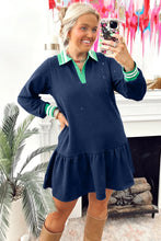 Load image into Gallery viewer, Navy Blue Contrast Striped Cuffs Polo Collar Patchwork Long Sleeve Ruffle Hem Mini Dress
