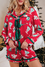 Load image into Gallery viewer, Red Christmas Fashion Print Contrast Ruffle Trim Ribbon Bow Knot 2pcs Pajama Set
