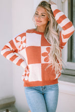 Load image into Gallery viewer, Brown Checkered Floral Print Striped Sleeve Sweater
