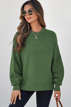 Load image into Gallery viewer, Vineyard Green Solid Color Mixed Textured Knitted Crew Neck Sweater

