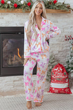 Load image into Gallery viewer, Pink Striped Bow Print Contrast Piping Trim Shirt and Pants 2pcs Pajama Set
