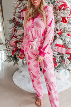 Load image into Gallery viewer, Pink Christmas Tree Print V Neck Buttoned Pullover and Drawstring Pants Lounge Set
