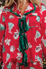 Load image into Gallery viewer, Red Christmas Fashion Print Contrast Ruffle Trim Ribbon Bow Knot 2pcs Pajama Set
