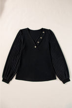 Load image into Gallery viewer, Black Buttoned V Neck Ribbed Puff Sleeve Top
