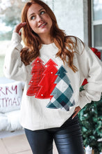 Load image into Gallery viewer, White Pearl Plaid Christmas Tree Patched Drop Shoulder Sweatshirt
