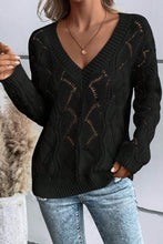 Load image into Gallery viewer, Black Hollow Out Knit V Neck Drop Shoulder Sweater

