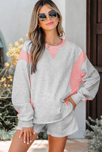 Load image into Gallery viewer, Light Grey Color Block Raw Hem Pullover and Casual Shorts Set
