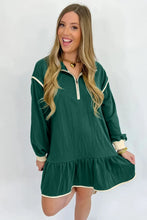 Load image into Gallery viewer, Evergreen Contrast Trim Zip Collar Long Sleeve Ruffle Hem Mini Dress
