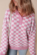 Load image into Gallery viewer, Pink Checkered Buttons Collar V Neck Drop Shoulder Sweater
