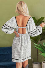 Load image into Gallery viewer, Gray Floral Print Open Back Balloon Sleeve Square Neck Mini Dress
