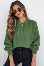 Load image into Gallery viewer, Vineyard Green Solid Color Mixed Textured Knitted Crew Neck Sweater
