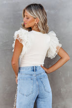 Load image into Gallery viewer, White Dotty Mesh Ruffle Sleeve Ribbed Knit Top

