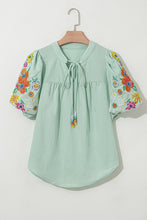Load image into Gallery viewer, Clearly Aqua Floral Embroidered Puff Sleeve Split Neck Blouse
