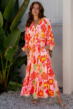 Load image into Gallery viewer, Beige Floral Print Smocked Detail V Neck Puff Sleeve Flowy Maxi Dress
