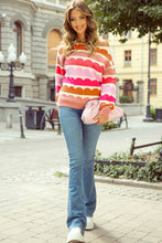 Load image into Gallery viewer, Rose Red Wave Striped Balloon Sleeve Drop Shoulder Sweater
