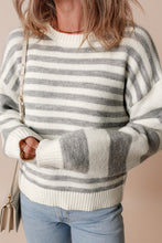 Load image into Gallery viewer, Gray Stripe Drop Shoulder Crew Neck Sweater
