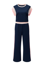 Load image into Gallery viewer, Navy Blue Color Block Detail Casual Two-piece Set
